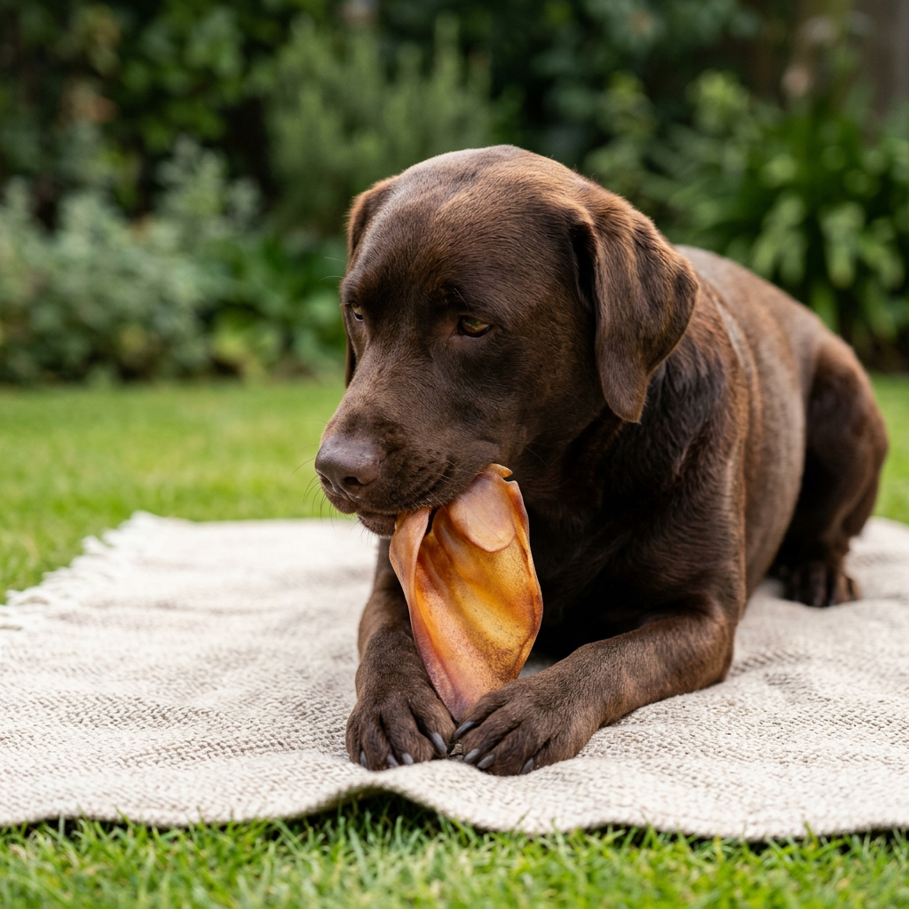 Chocolate Labrador enjoying a pig ear on a garden blanket