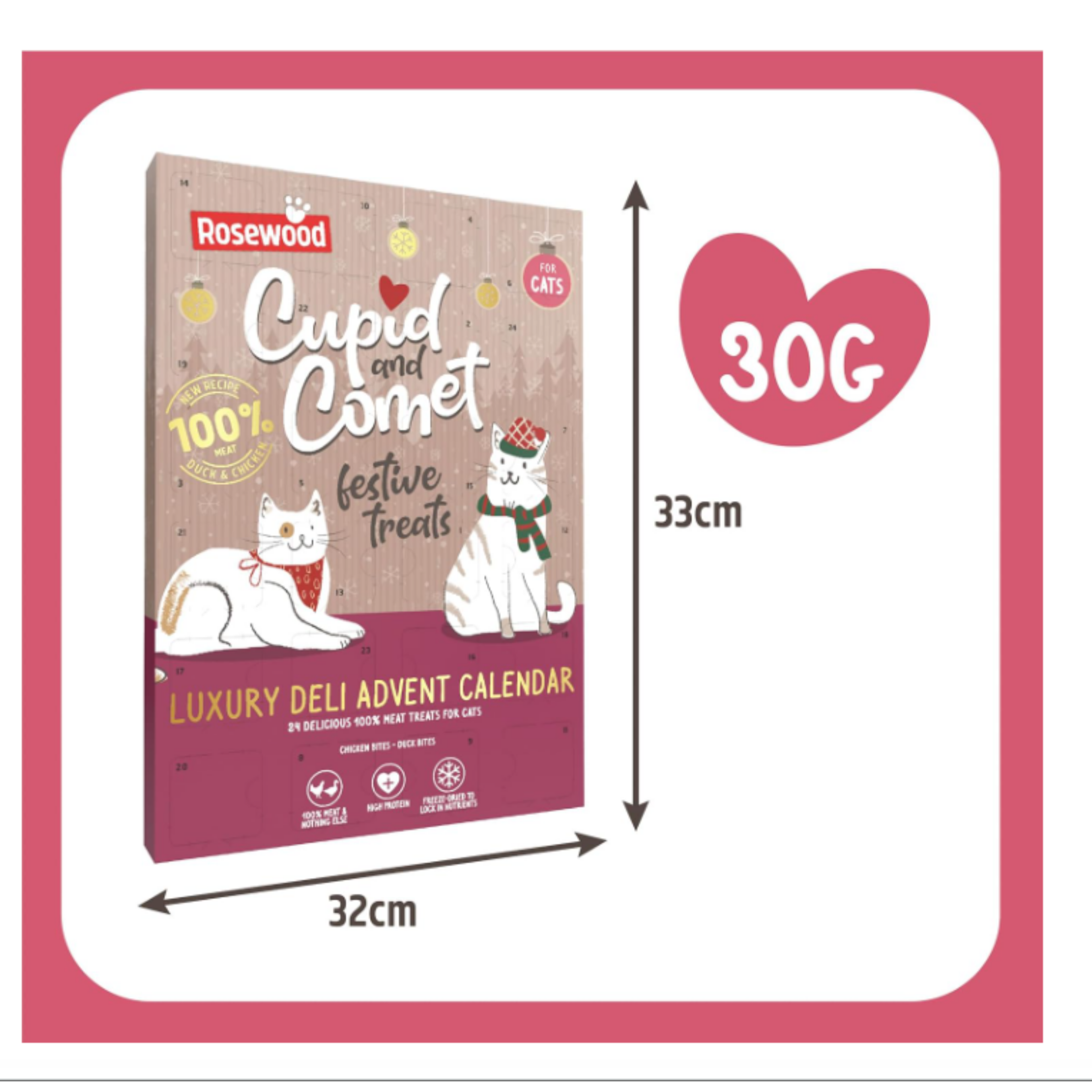 Rosewood Cupid and Comet Luxury Deli Advent Calendar packaging shown on a white background with pink border, including dimension labels of 32cm by 33cm and a pink heart icon indicating 30G.