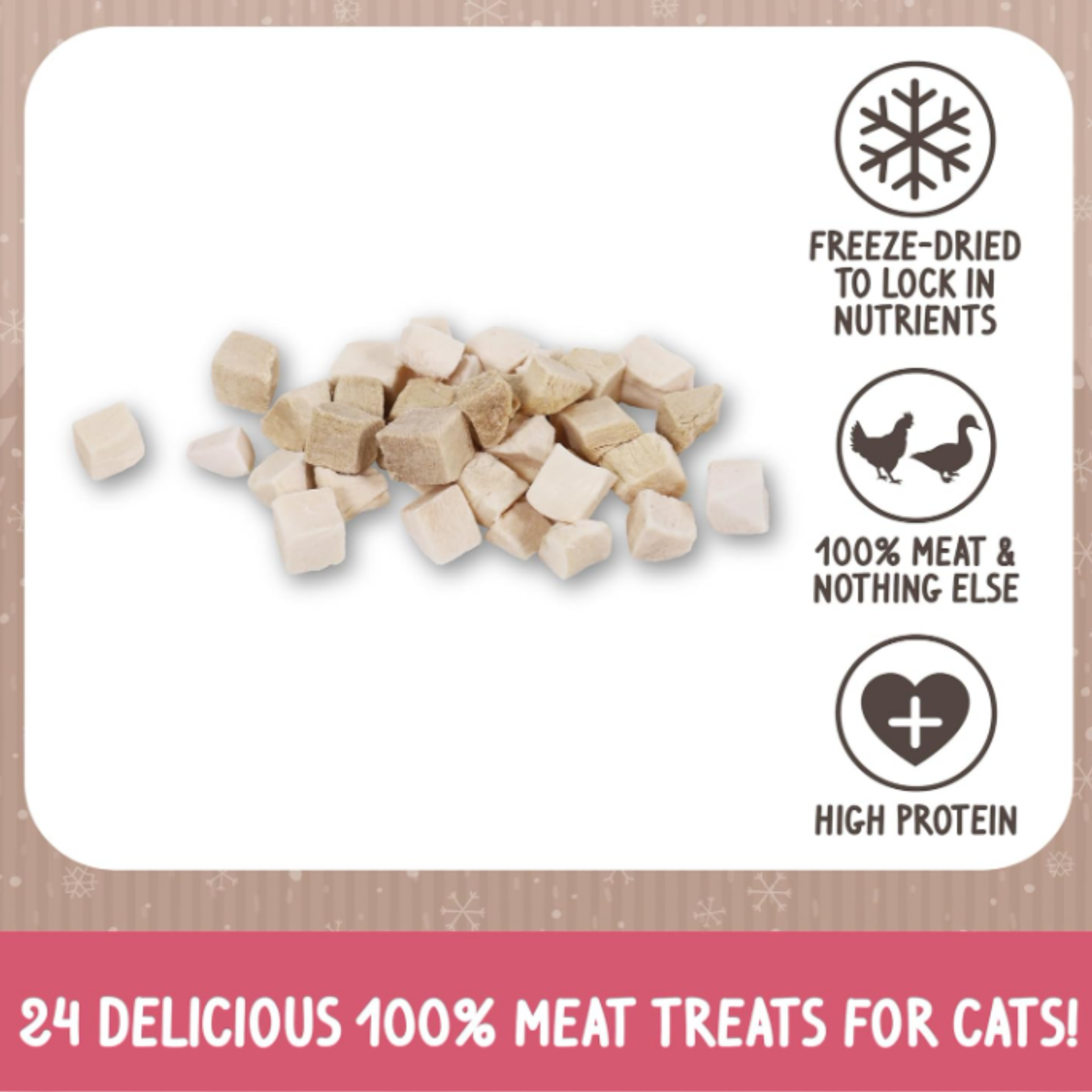 Cat meat treats cubes displayed on a white background with informational text and icons about freeze-drying, 100% meat, and high protein. A pink banner at the bottom reads '24 DELICIOUS 100% MEAT TREATS FOR CATS!'.