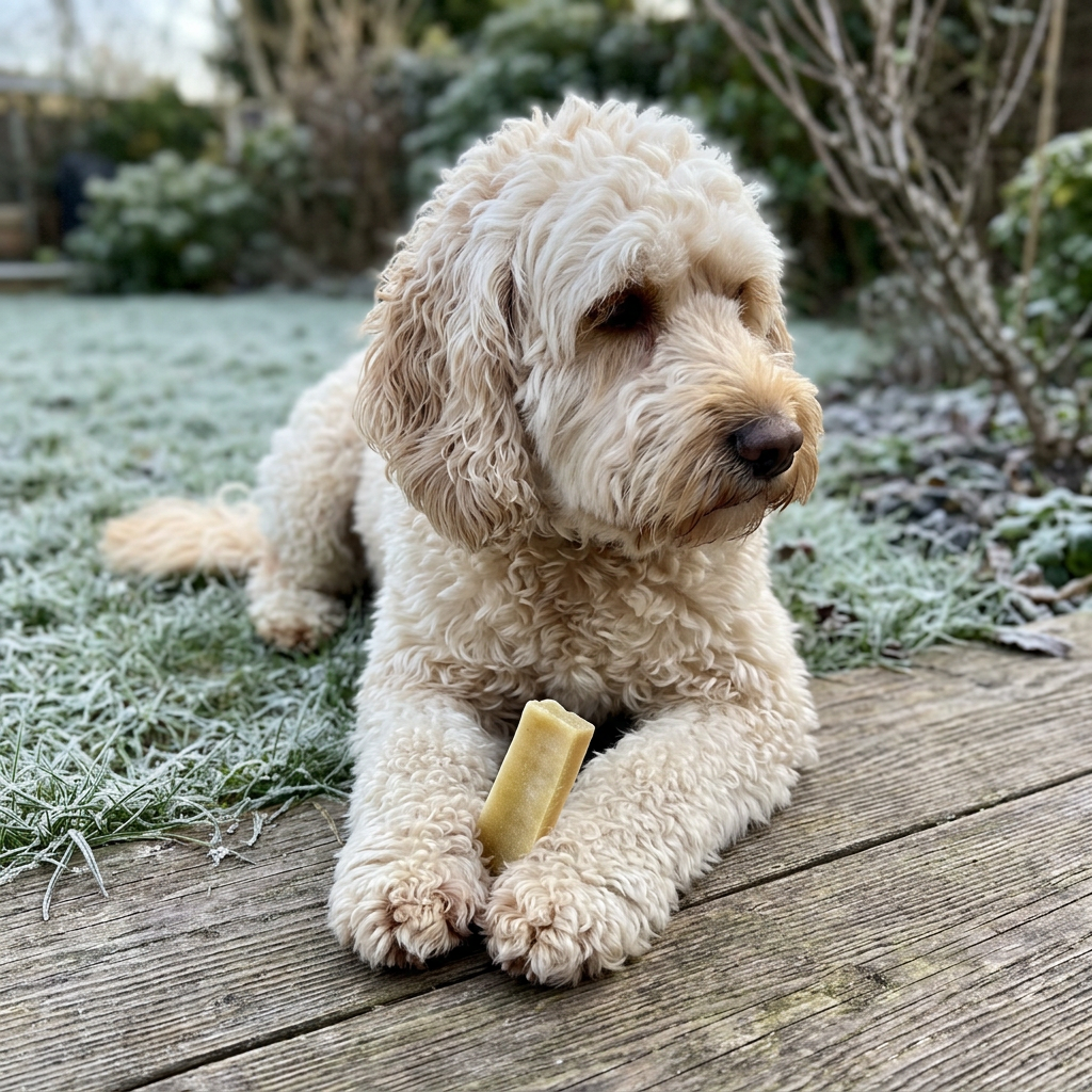 Cream Cockapoo enjoying a small plain yak bar in a frosty winter garden