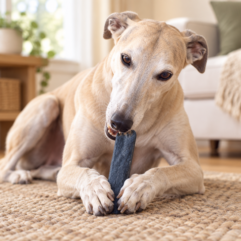 Cream Greyhound enjoying a blueberry yak bar on a rug