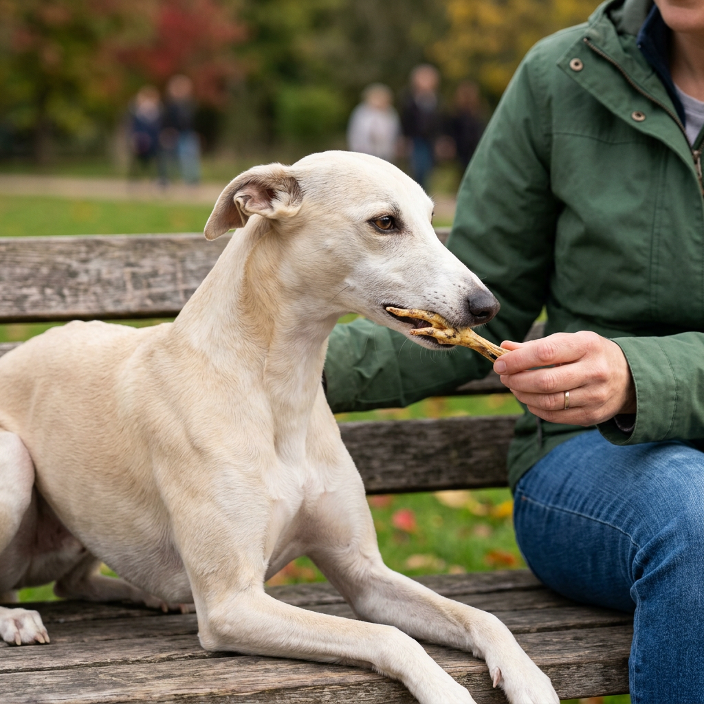 Cream Whippet taking a dried chicken foot from its owner’s fingers on a park bench