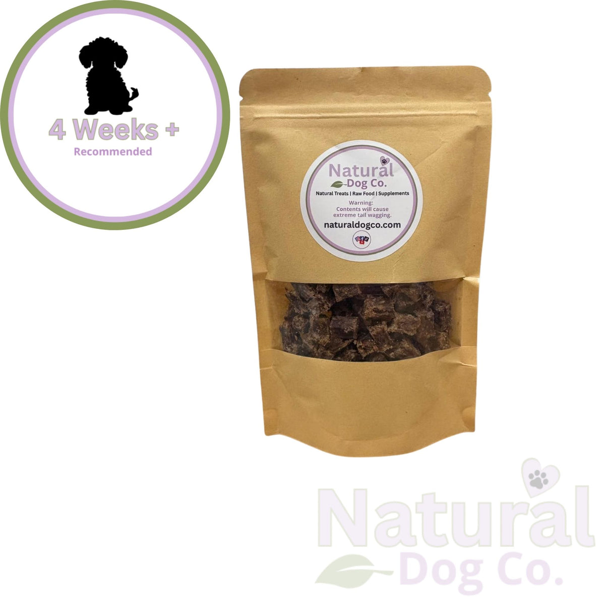 Kraft paper bag with dog treats from Natural Dog Co. on a white background