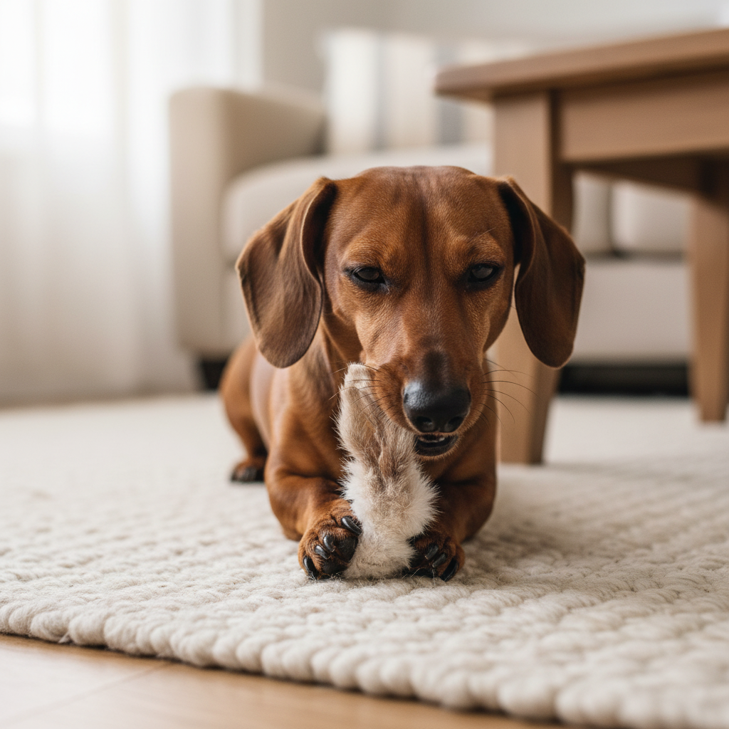 A brown dachshund lying on a cream textured rug in a bright living room, holding a rabbit ear with fur in its paws whilst eating it.
