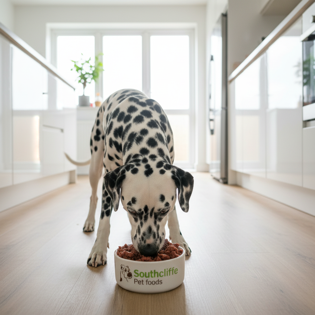 A Dalmatian dog eating from a white bowl labeled 'Southcliffe Pet foods' in a bright, modern kitchen with light wood floors.