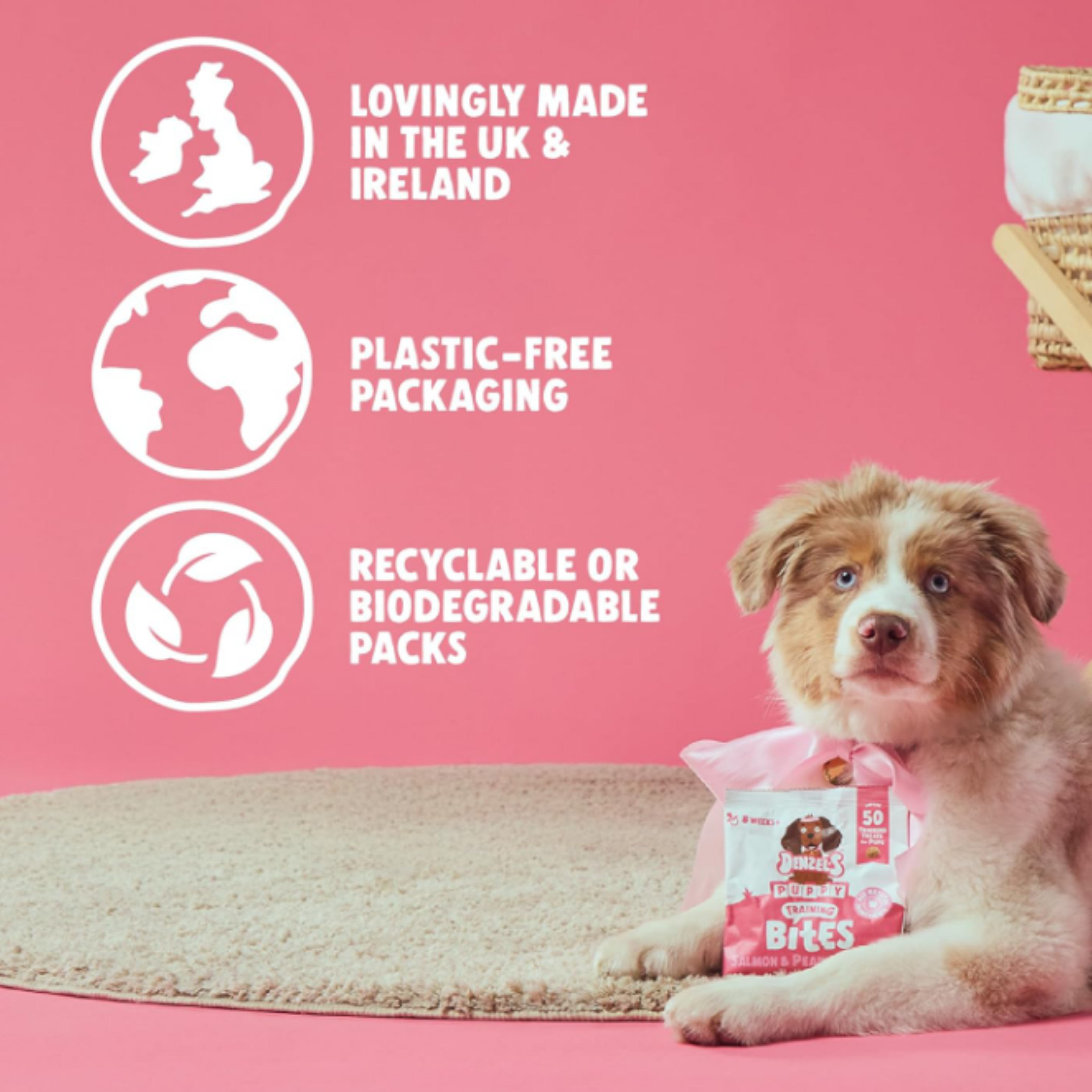 A small brown and white Collie puppy lies on a pink floor beside a pink bag of dog treats, with three white circular icons and text on the left highlighting UK/Ireland origin, plastic-free packaging, and recyclable packs. The bag reads 'Puppy Bites' and 'Natural Treats'.