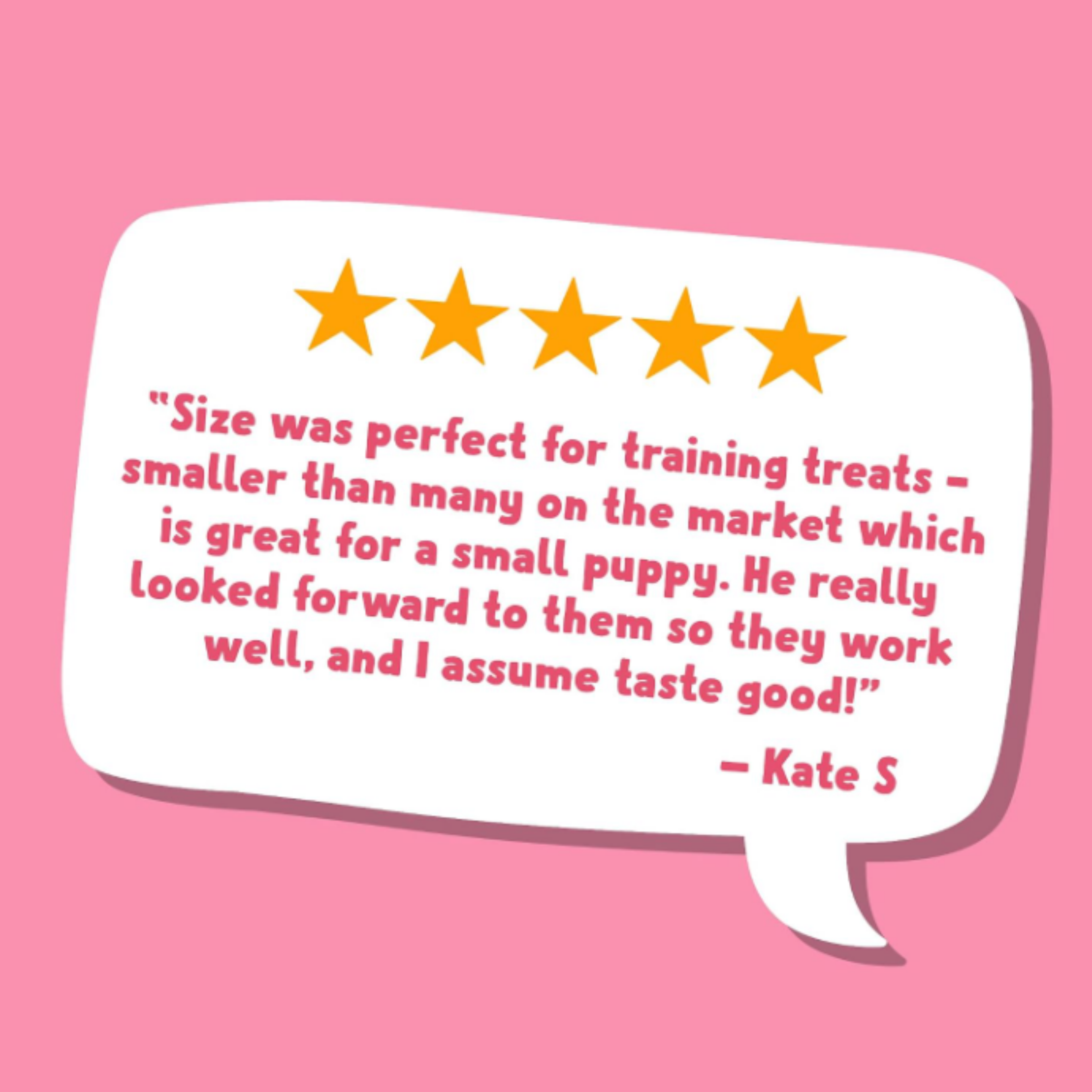 A pink background with a white speech-bubble style review card showing five yellow stars and a customer quote in pink text, signed Kate S.