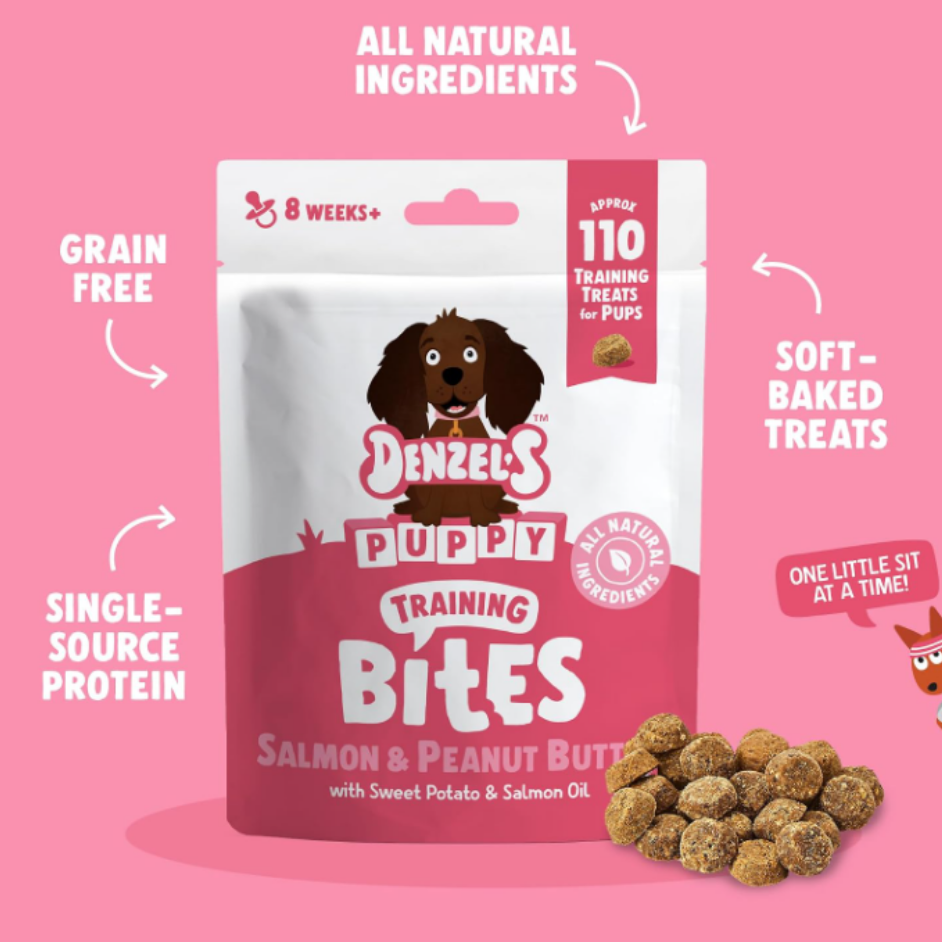 A stand-up pouch of Denzel's Puppy Training Bites dog treats on a pink background, surrounded by promotional text callouts and a small pile of the treats. The package is white and pink with a cartoon dog logo, and the treats are shown as brown oval-shaped pieces.