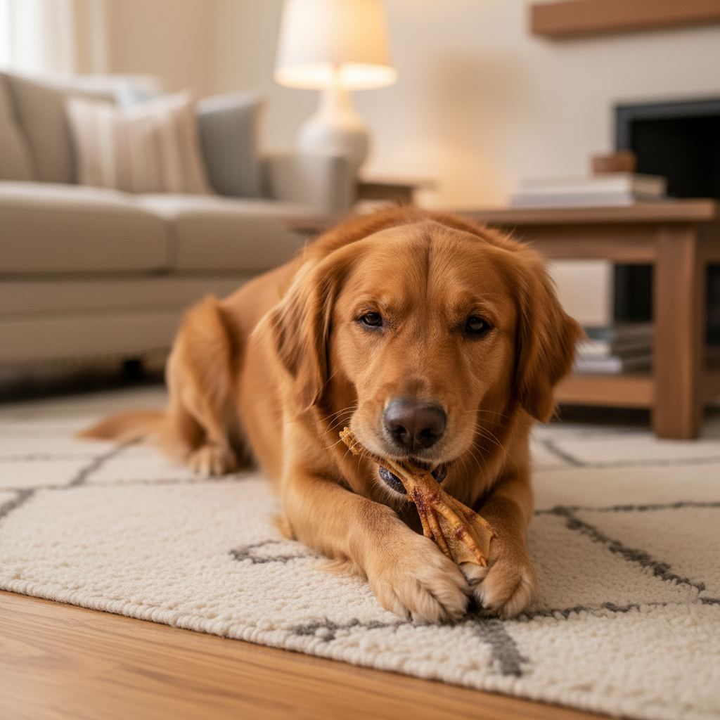 A golden retriever dog lies on a cream rug in a cozy living room, chewing on a duck foot treat.