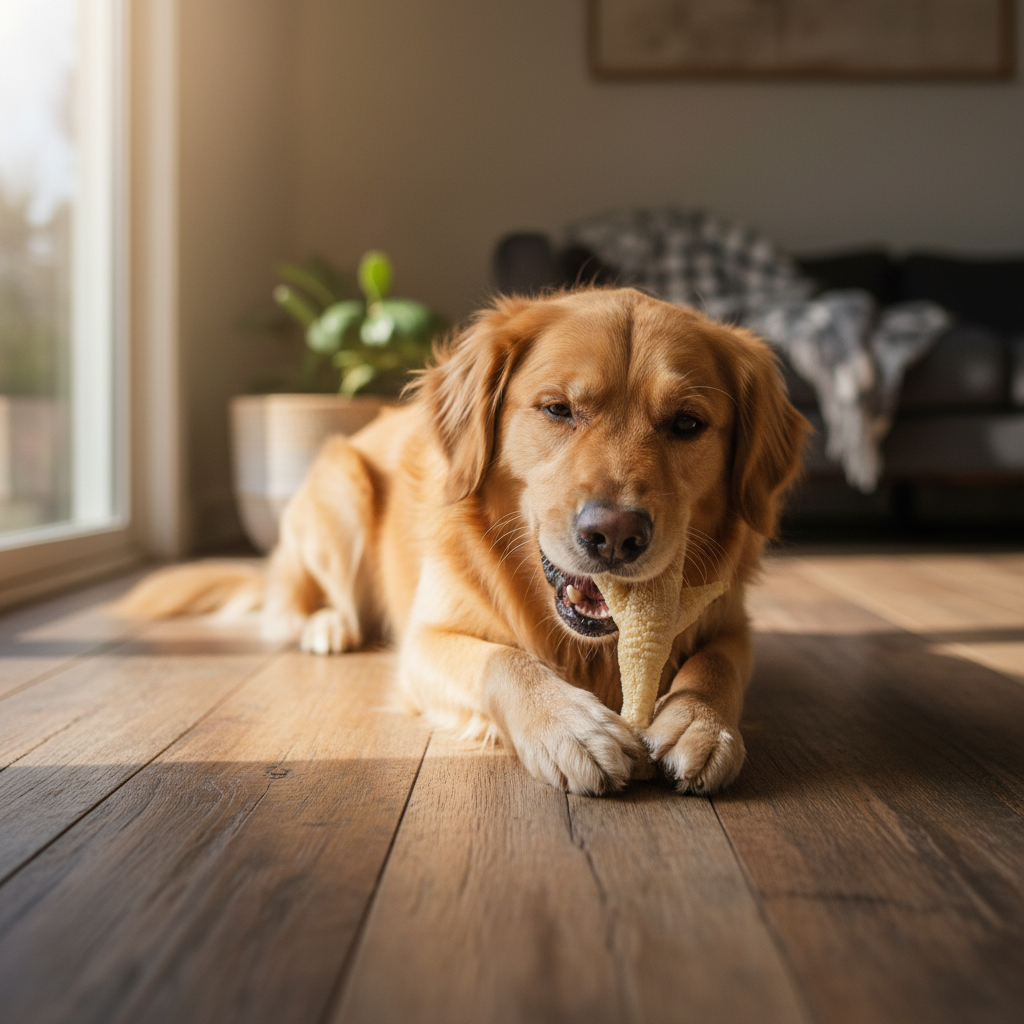 A golden retriever dog lies on a wooden floor in a sunlit living room, chewing on a puffed chicken foot treat. A sofa and potted plant are blurred in the background.