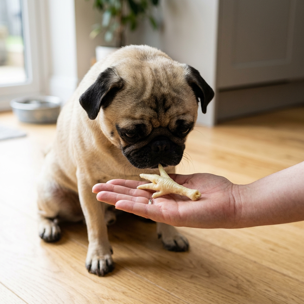 Fawn Pug sniffing a puffed chicken foot on an owner’s open palm in a kitchen