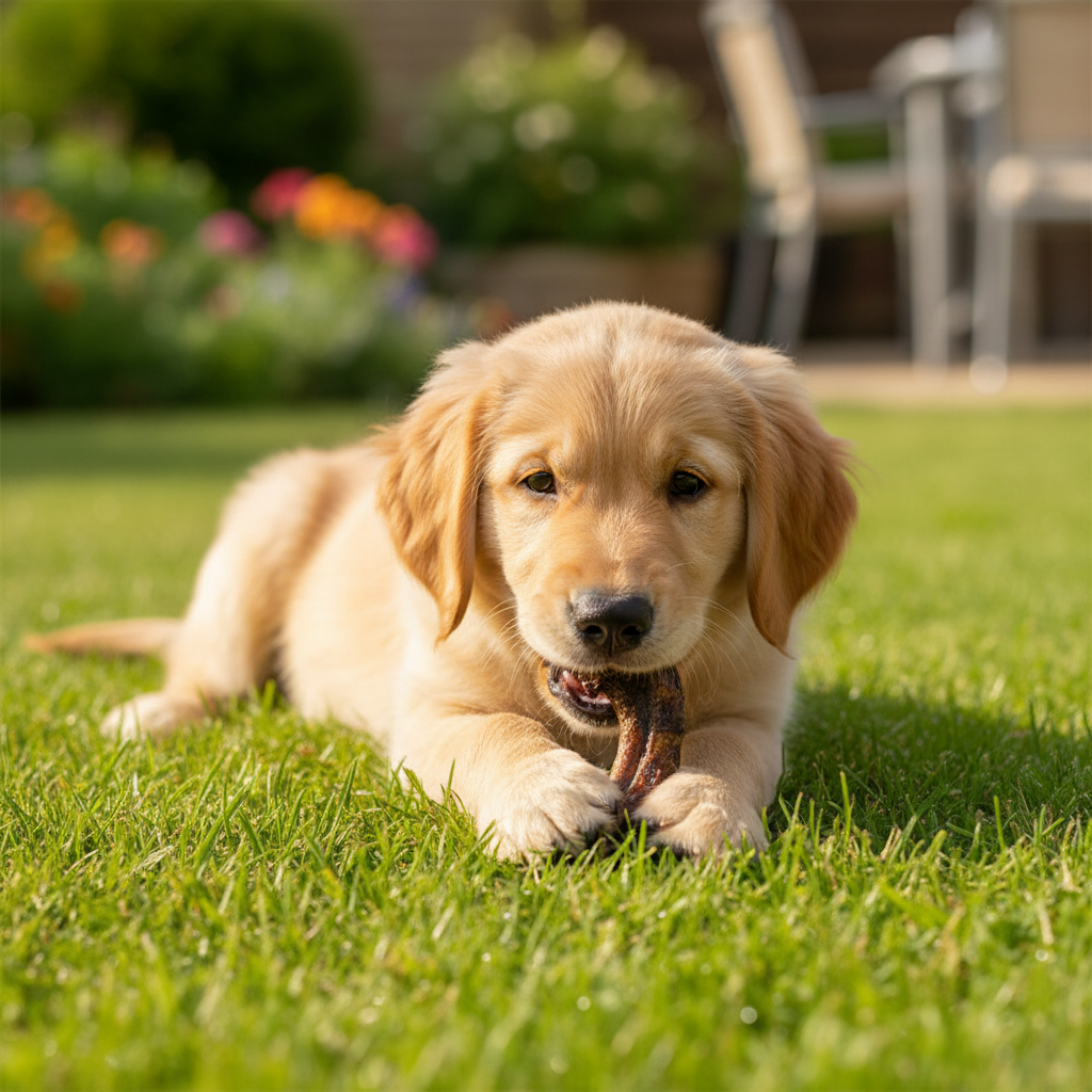A golden retriever puppy lying on green grass in a sunny backyard, holding a small treat in its mouth.