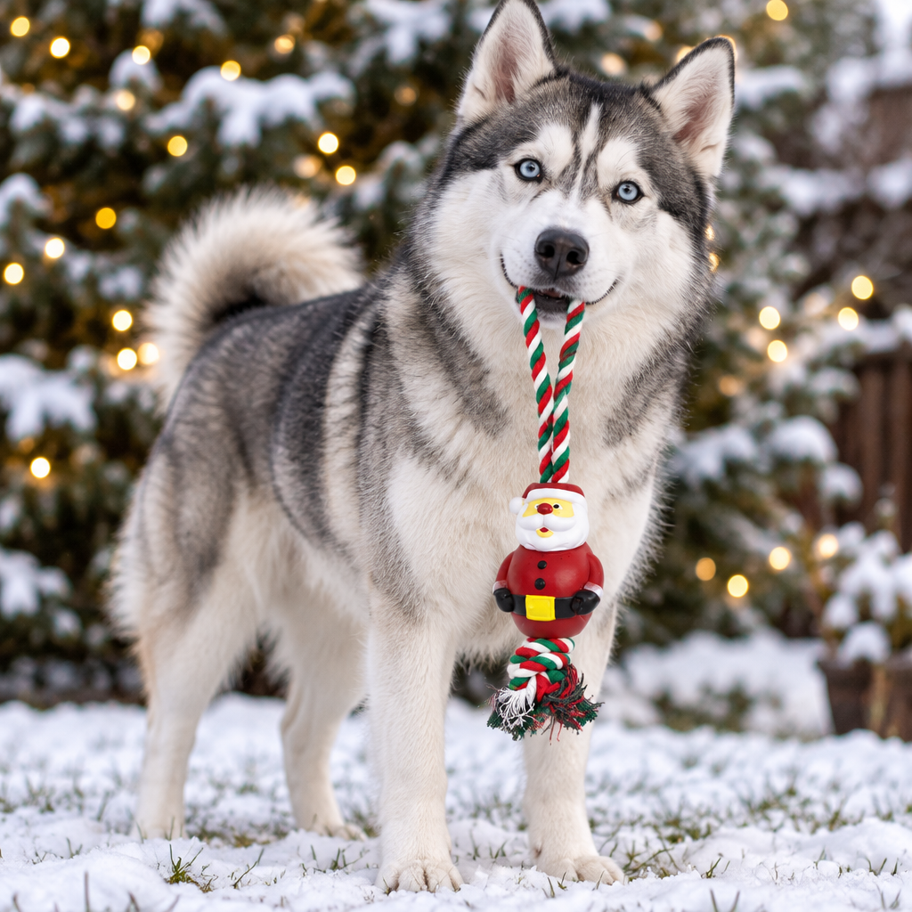Husky carrying the Santa rope toy in a festive snowy garden