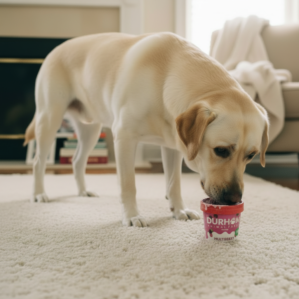 A yellow Labrador retriever standing on a white carpet in a living room, drinking water from a small pink and red container labeled DURHAM.