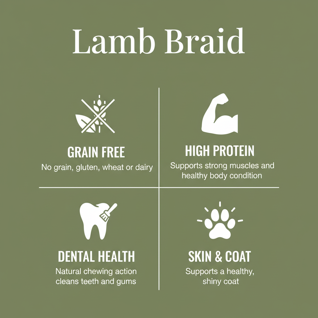 An informational graphic for Lamb Braid dog chew treats, set on an olive green background. The graphic is divided into four white-outlined quadrants with icons and text highlighting key product benefits: grain free, high protein, dental health, and skin & coat.