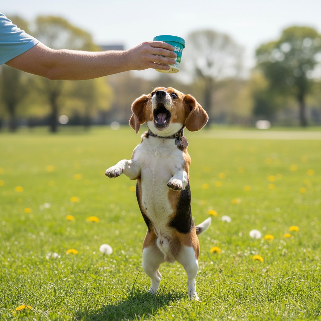 A beagle standing on its hind legs in a grassy park, reaching toward a person's hand holding a cup of pet treats.