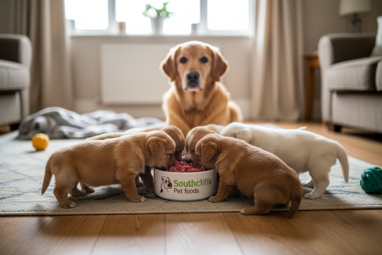 A golden retriever sits behind four puppy dogs eating from a white bowl labeled 'Southcliffe Pet foods' in a cozy living room setting.