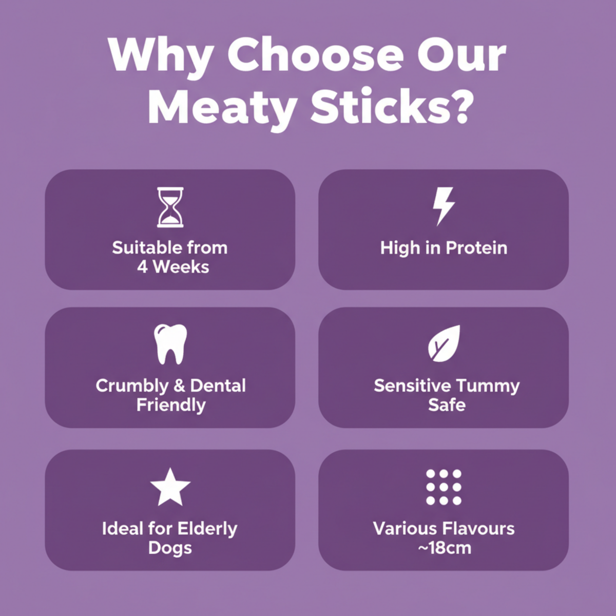 A purple promotional graphic with the heading 'Why Choose Our Meaty Sticks?' and six rounded rectangular callout boxes listing benefits: suitable from 4 weeks, high in protein, crumbly and dental friendly, sensitive tummy safe, ideal for elderly dogs, and various flavours ~18cm.