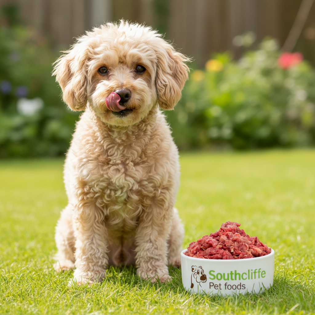 A small cream-colored poodle sits on green grass in a garden next to a white bowl of raw meat-based pet food labeled 'Southcliffe Pet foods'.
