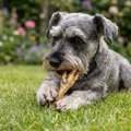 Miniature Schnauzer enjoying a chicken foot in the garden