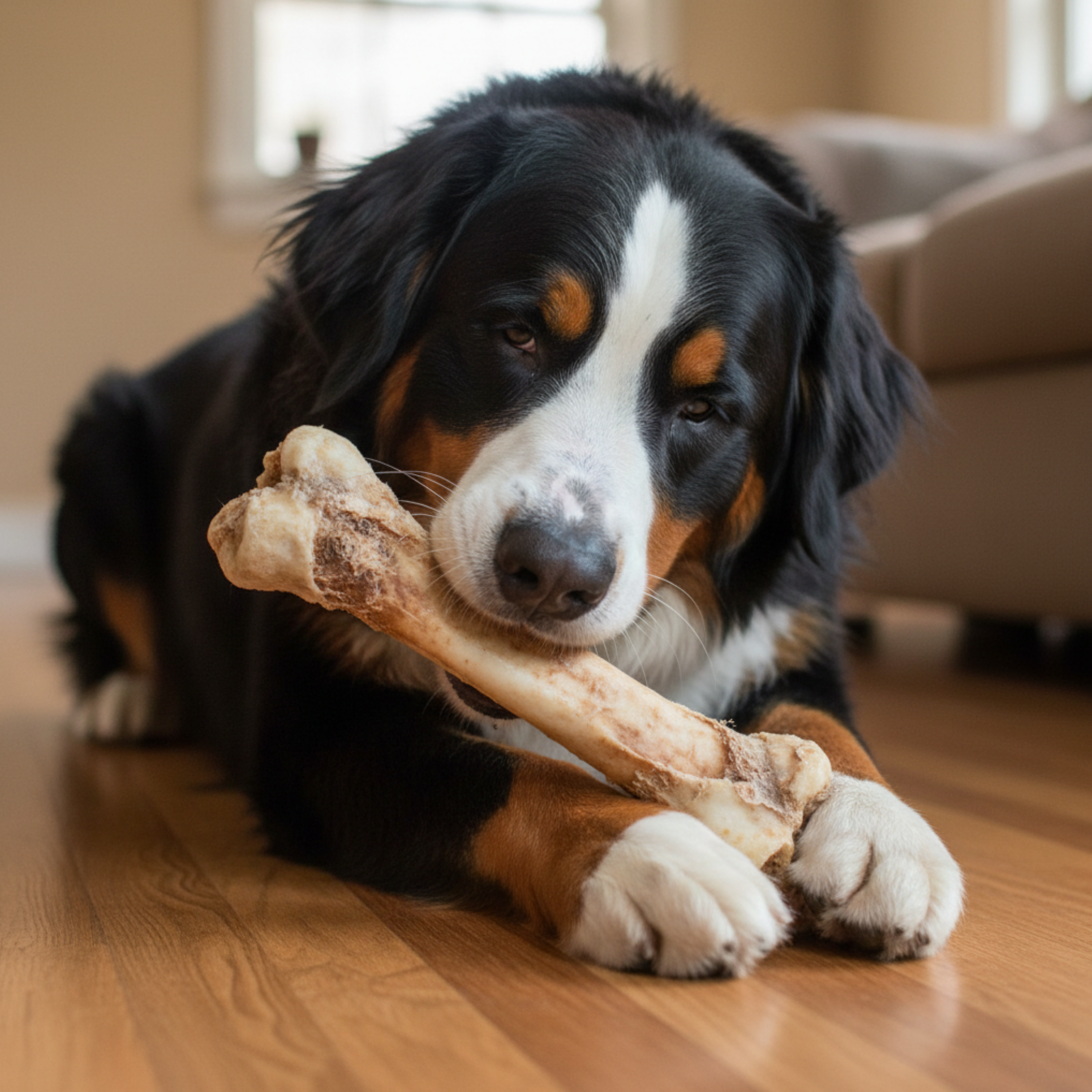 A Bernese mountain dog lying on a wooden floor indoors, holding a large bone in its mouth.