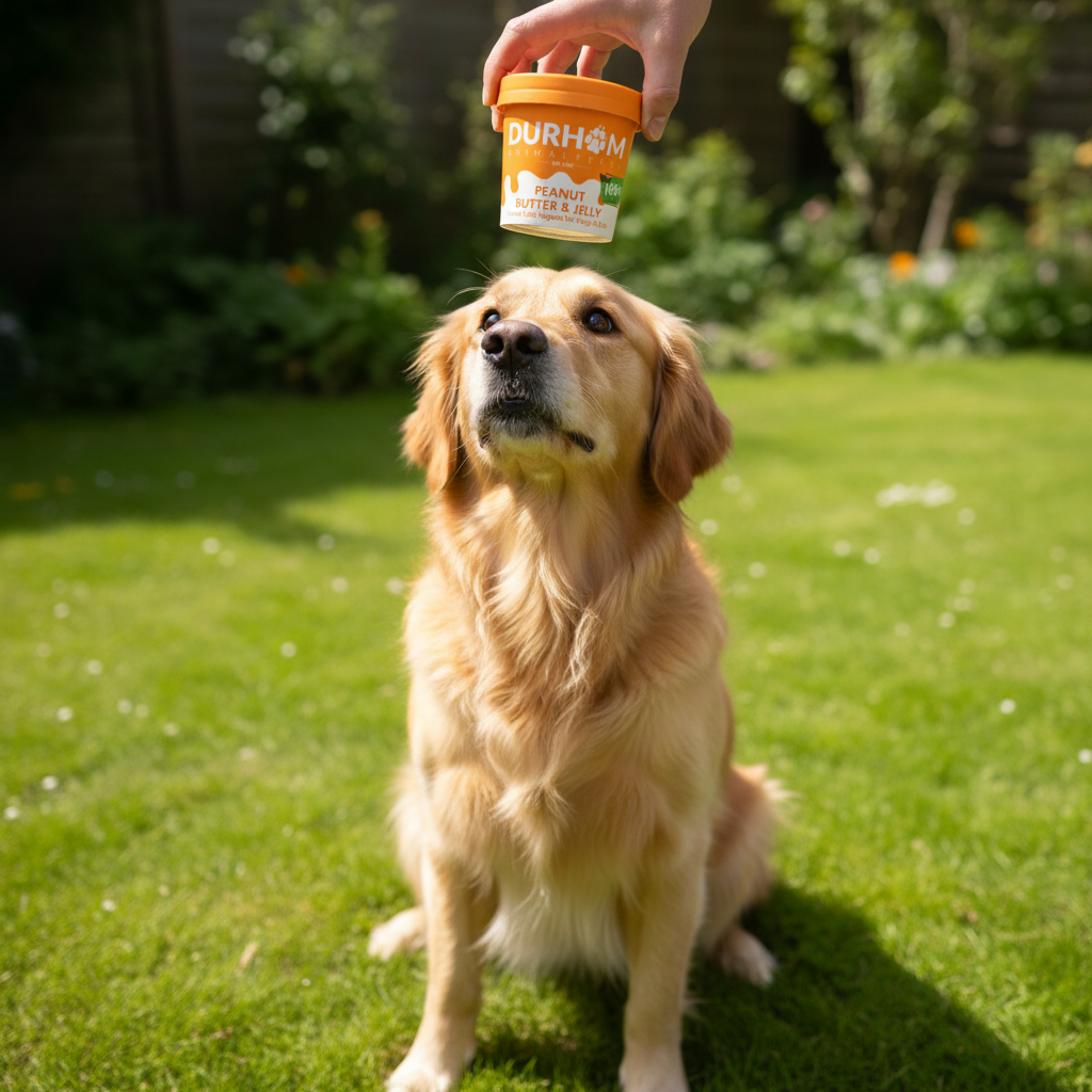 A golden retriever sits on a green lawn while a hand holds a small orange-lidded container above its head. The container label reads Durham Peanut Butter & Cheese.