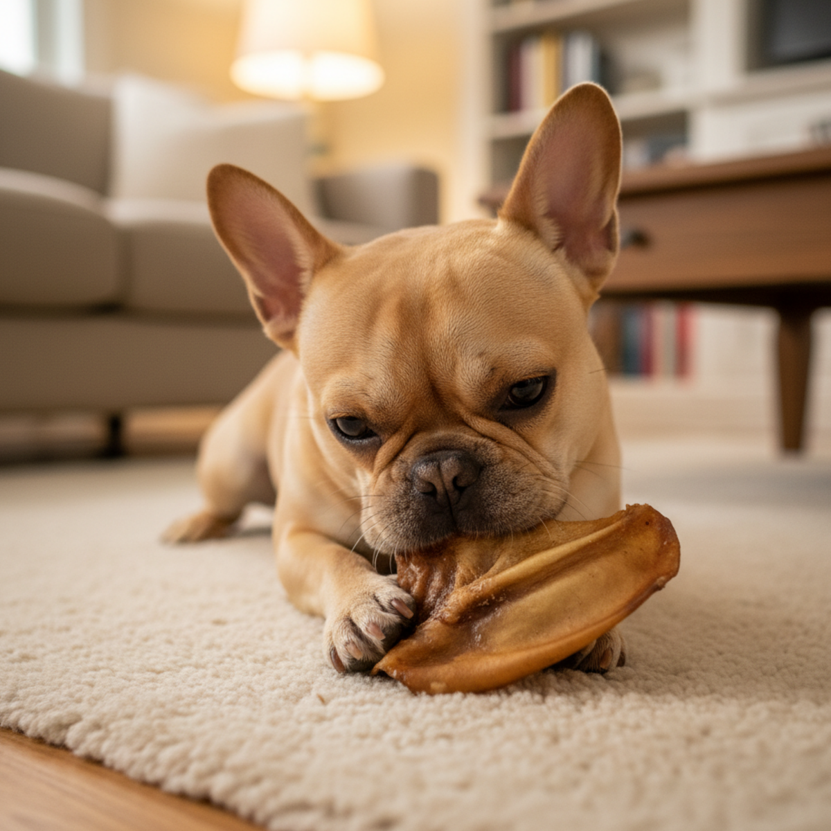 A light fawn French Bulldog lies on a cream rug in a cozy living room, chewing on a large pigs ear dog treat