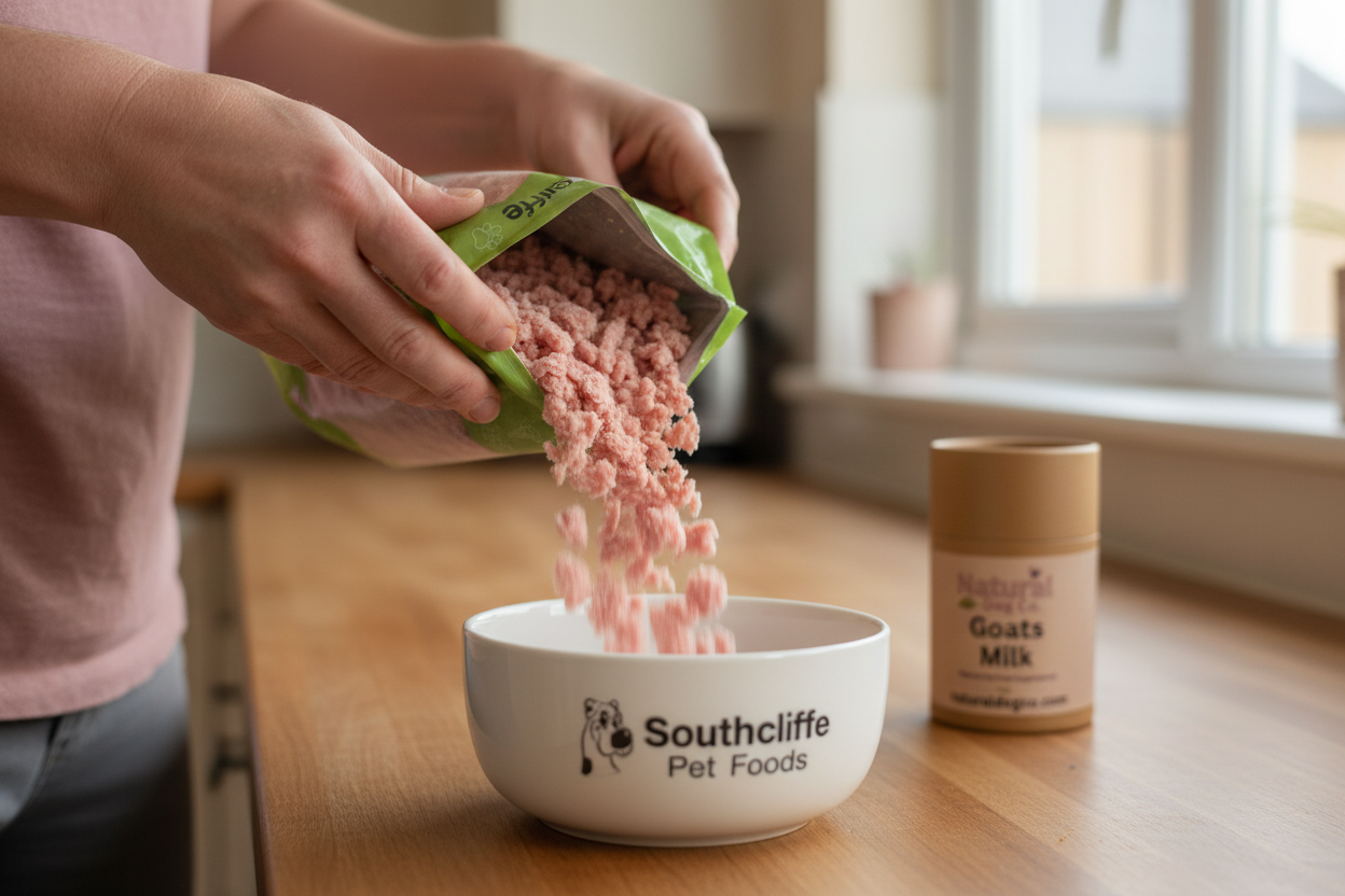 A person pours pink pet food from a green bag into a white bowl labeled Southcliffe Pet Foods on a wooden table, with a container of goat milk in the background.