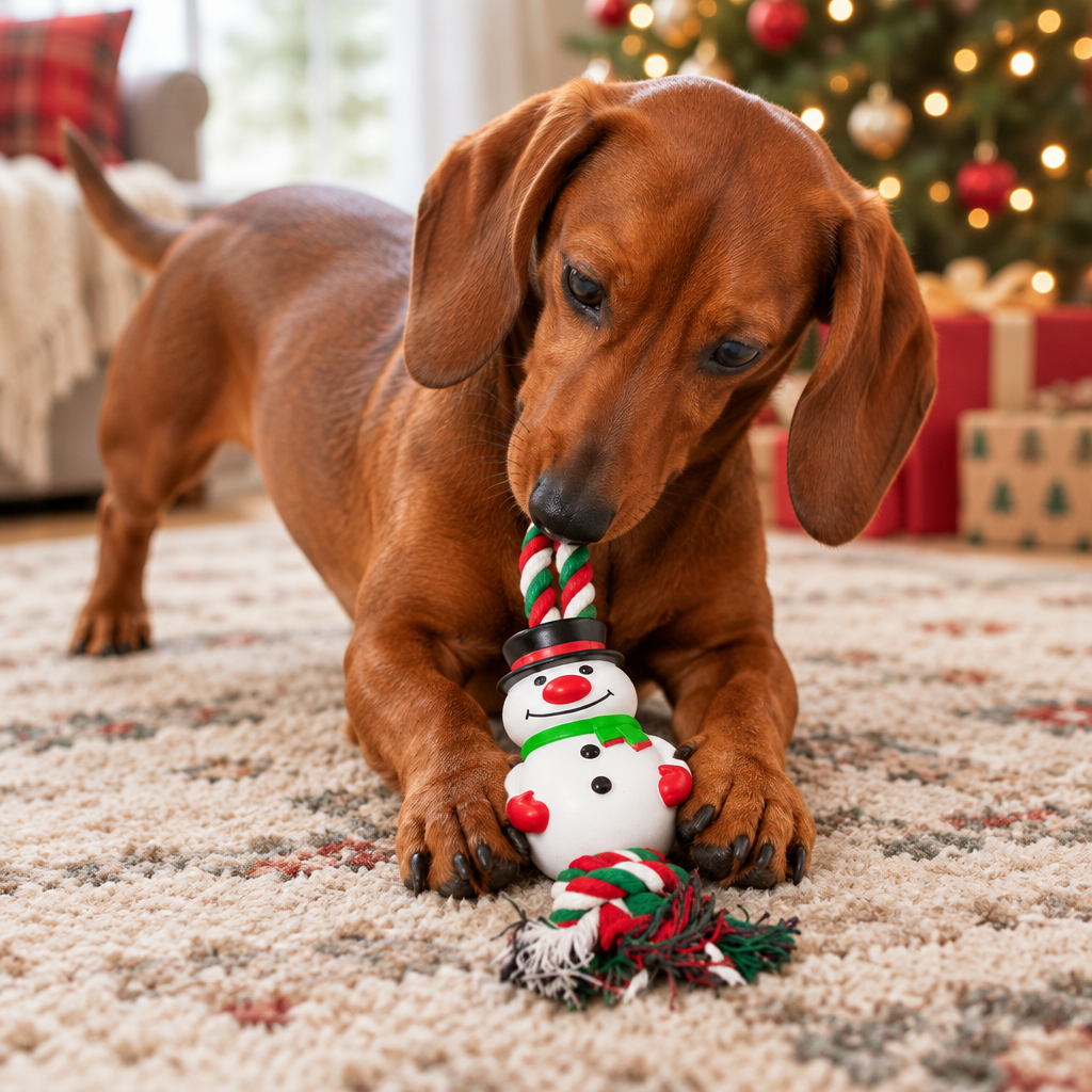 Red Dachshund playing with the snowman rope toy between its front paws