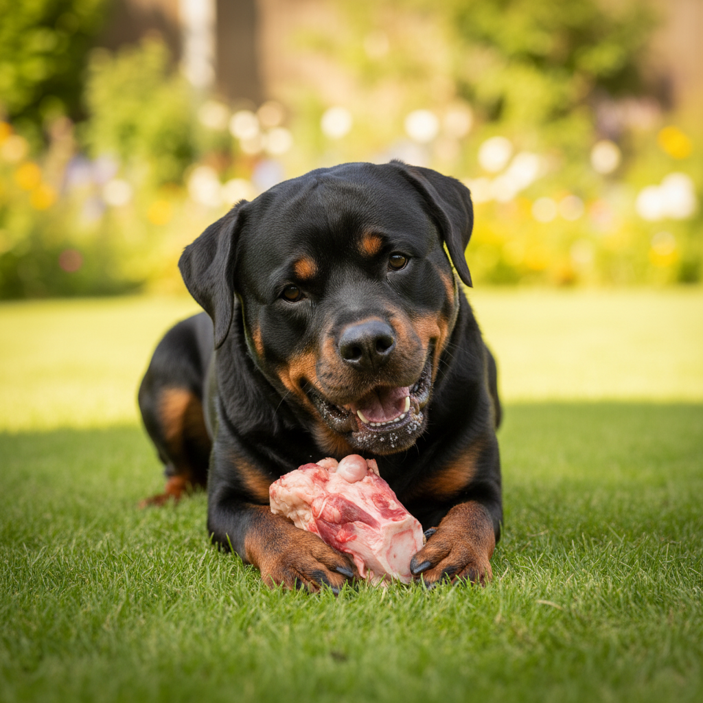 A Rottweiler dog lying on green grass in a sunny garden, holding a raw bone in its paws.