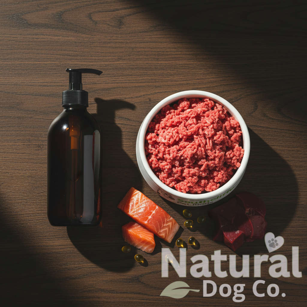 Overhead flat lay on a dark wood surface showing a dark amber pump bottle of Scottish Salmon Oil next to a white bowl of raw minced meat, with fresh salmon pieces, omega-3 gel capsules and a chunk of raw meat arranged around it. Natural Dog Co logo visible in the lower right corner