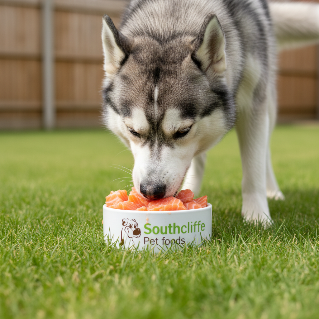A husky dog eating salmon from a white bowl labeled Southcliffe Pet foods on a green grass lawn.