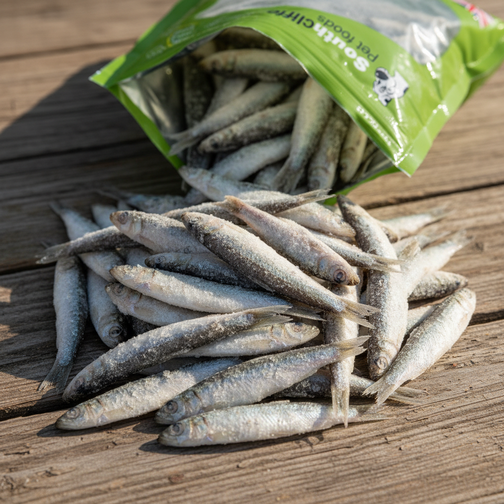 Small frozen whole frozen sprats spilling frpm a green bag labeled 'southcliffe raw' on a weathered wooden board