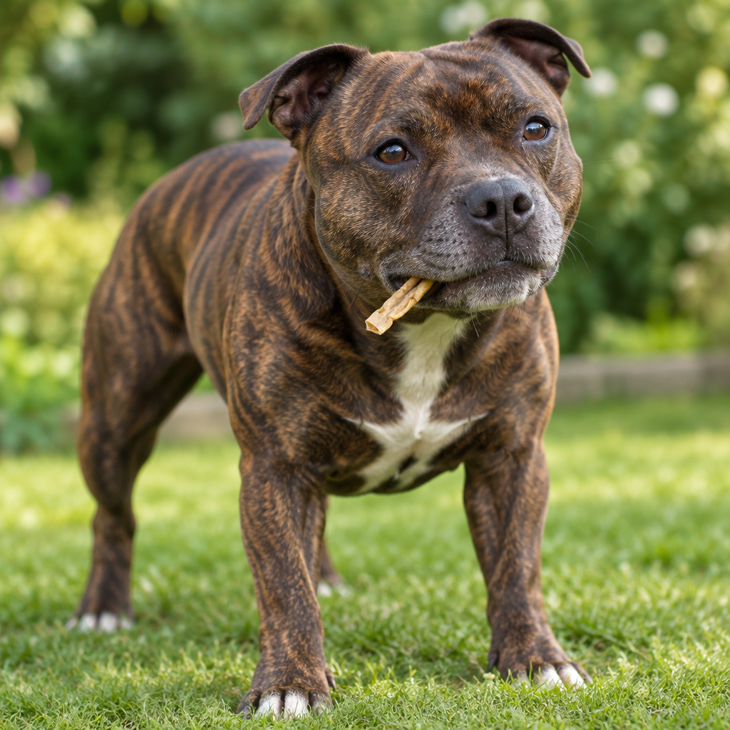 Staffordshire Bull Terrier holding a small, thin piece of lamb skin
