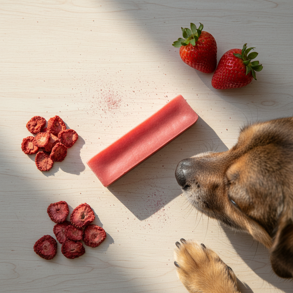 A dog's head and paw are visible beside a red rectangular yak treat bar on a light wood surface, with dried strawberry slices and whole strawberries arranged around it in a styled flat-lay.