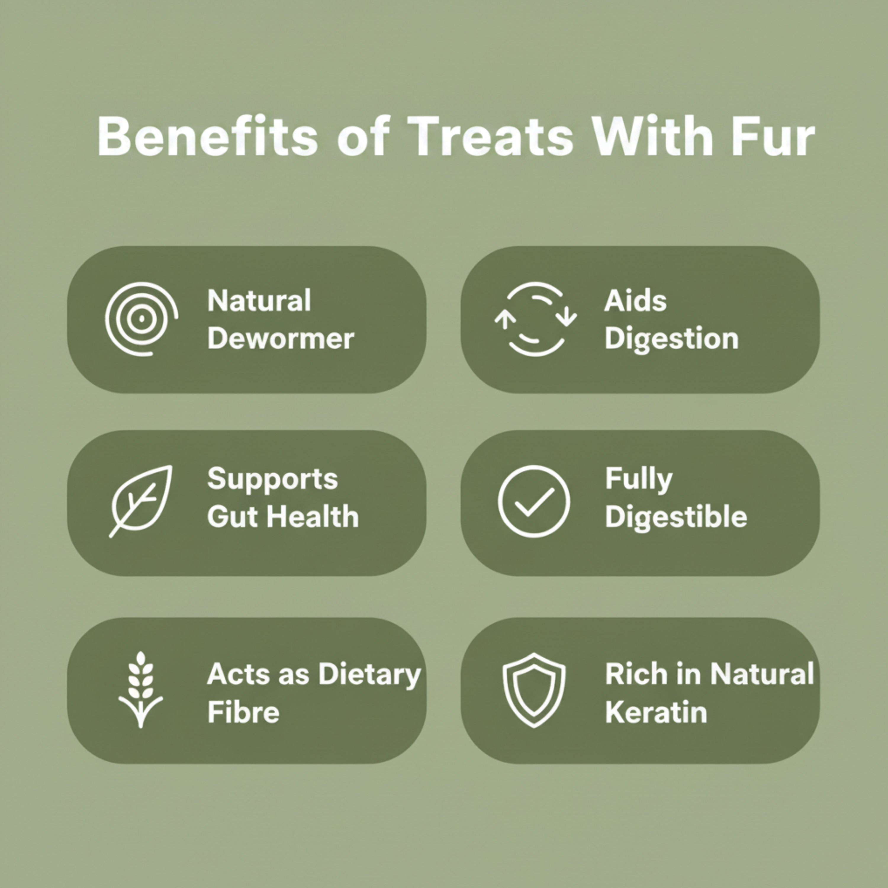 A green promotional graphic with the heading 'Benefits of Treats With Fur' and six rounded rectangular callout boxes listing product benefits: natural dewormer, aids digestion, supports gut health, fully digestible, acts as dietary fibre, and rich in natural keratin.