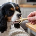 Tricolour Cavalier King Charles Spaniel gently taking a puffed chicken foot from an owner’s fingers