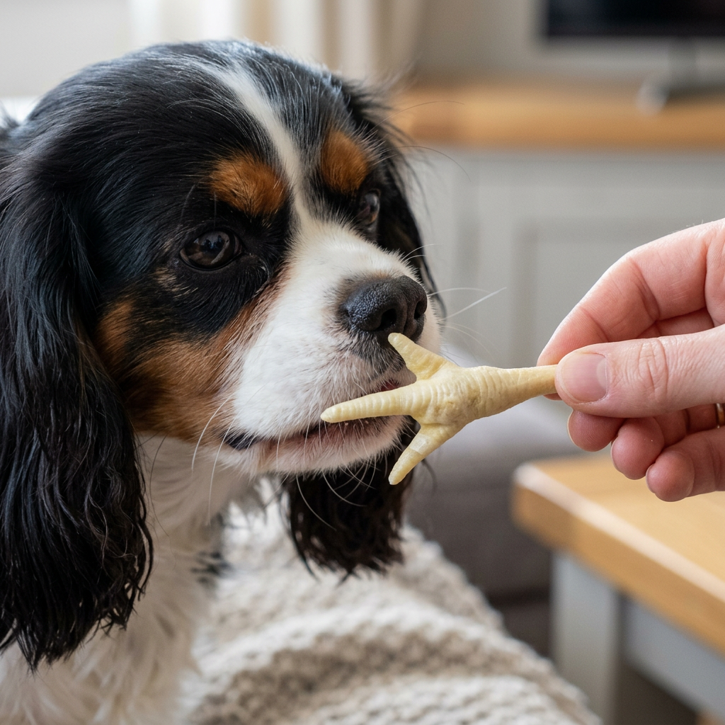Tricolour Cavalier King Charles Spaniel gently taking a puffed chicken foot from an owner’s fingers