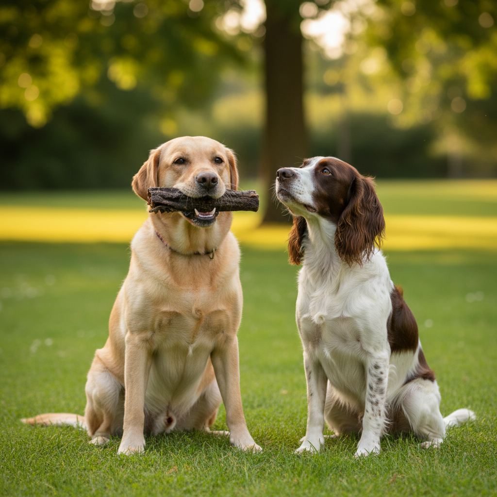 Two dogs sitting on a green lawn in a park: a light cream Labrador retriever on the left holding a tripe chew in its mouth, and a brown-and-white spaniel-type dog on the right, with blurred trees in the background.