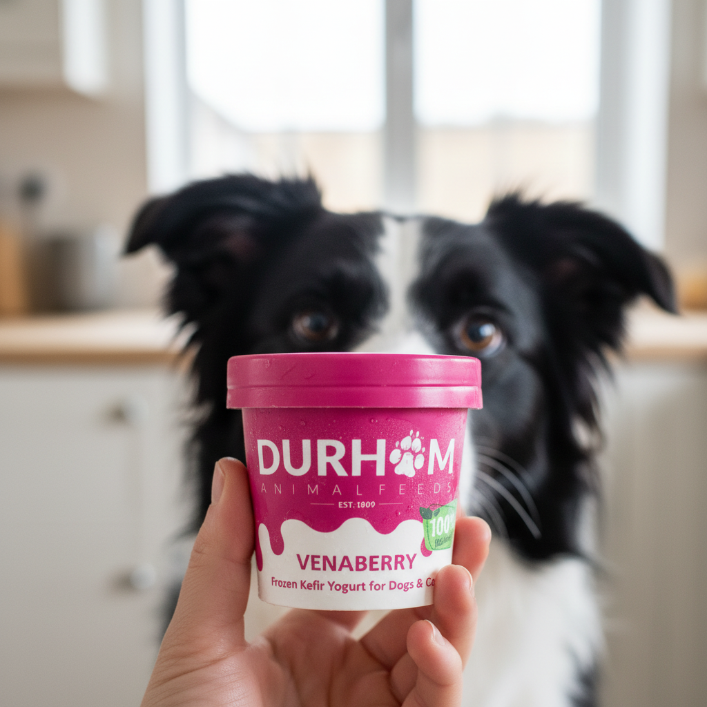 A person holds a tub of Durham Animal Feeds Venaberry dog yogurt in front of a black and white dog in a kitchen setting.