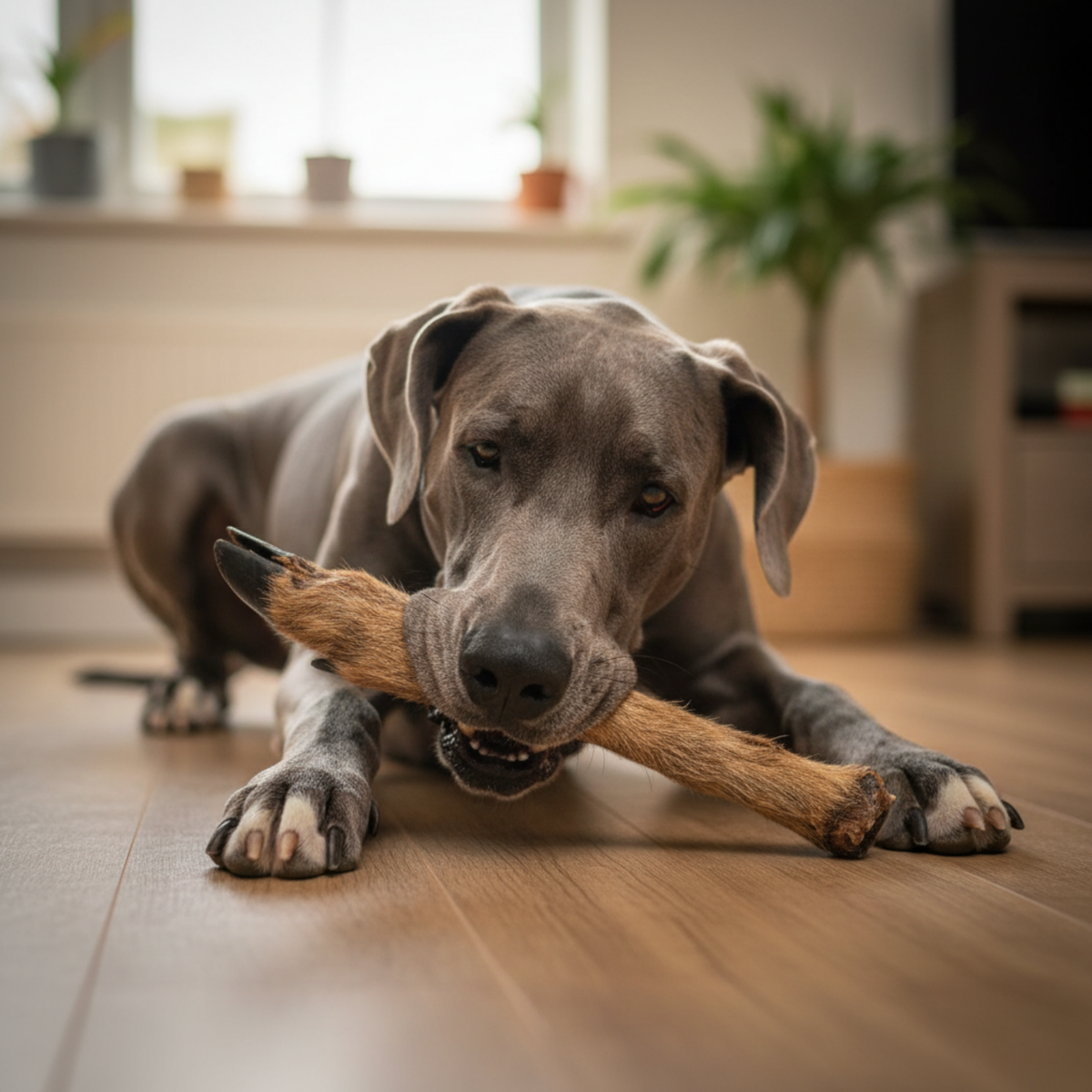 A gray great dane lying on a wooden floor indoors, chewing on a long brown dog treat. The background shows a softly blurred home interior with plants and furniture.
