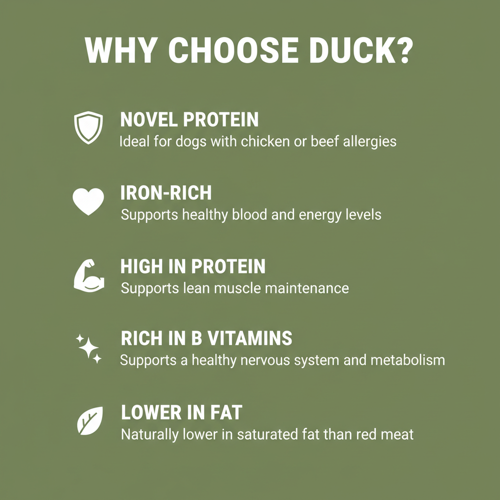 An informational graphic on an olive green background with the heading 'WHY CHOOSE DUCK?' and five bullet points with icons: novel protein, iron-rich, high in protein, rich in B vitamins, and lower in fat.
