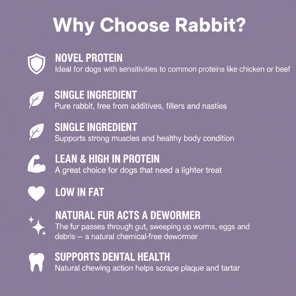 An informational graphic on a muted purple background titled 'Why Choose Rabbit?' with bullet points and icons highlighting benefits such as novel protein, single ingredient, lean and high in protein, low in fat, natural fur acting as a dewormer, and support for dental health.