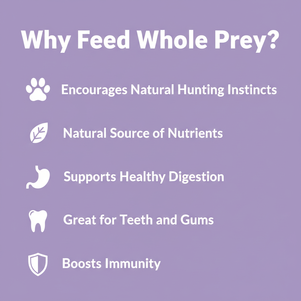 A purple informational graphic with the heading 'Why Feed Whole Prey?' and five white text points with icons: 'Encourages Natural Hunting Instincts,' 'Natural Source of Nutrients,' 'Supports Healthy Digestion,' 'Great for Teeth and Gums,' and 'Boosts Immunity.'.